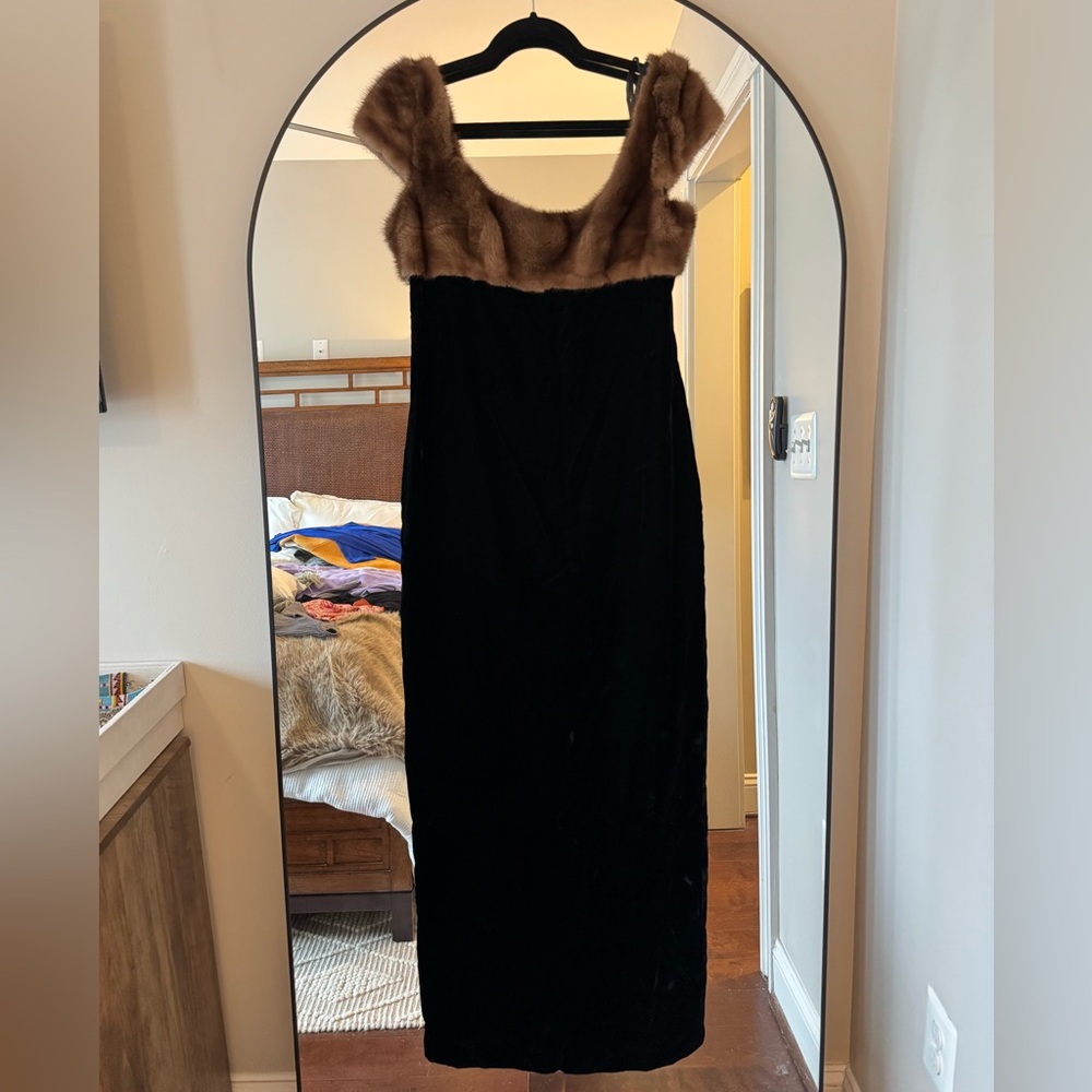 Vintage Black Velvet & Faux Fur Dress